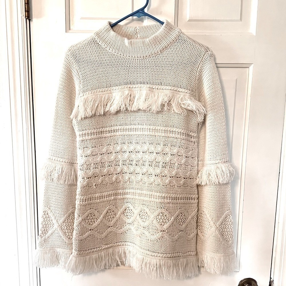 BB Dakota Knit Sweater‎ Dress Fringe Bell Sleeve Mock Neck Cream Small